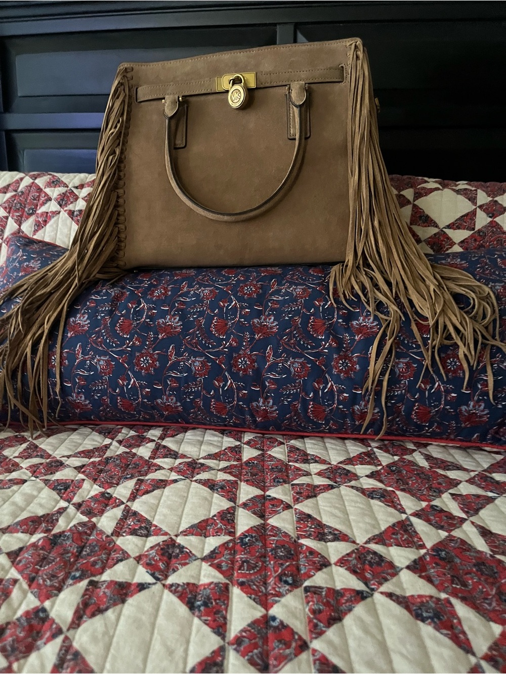 Michael Kors Brown Suede Fringe Satchel with Gold Lock